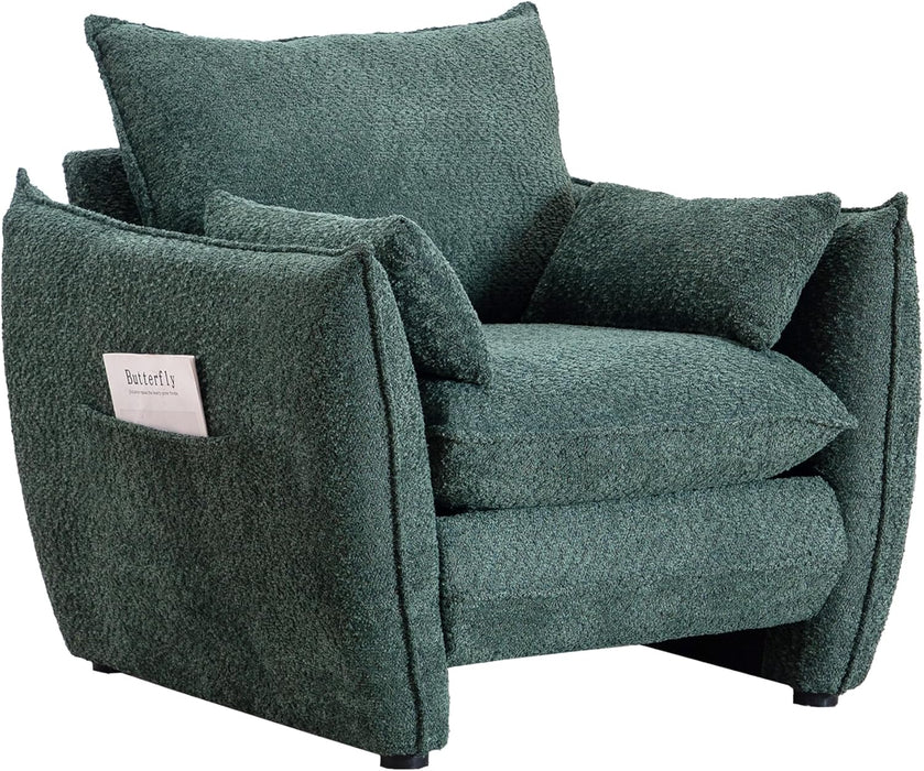 Chenille Oversized Accent Chairs, Modern Oversized Armchair with Removable Pillow, Comfy Living Room Chair with Side Pocket Storage for Bedroom, Office, Green