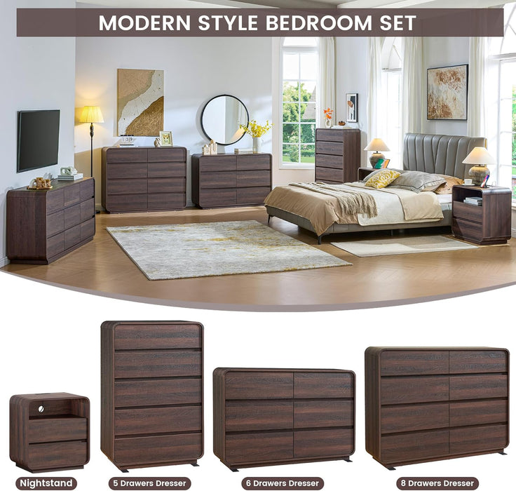 Walnut 6 Drawer Dresser Curved 47Inch BedroomStorage