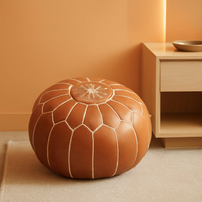 Unstuffed Genuine round Leather Pouf | Moroccan Ottoman Footstool, Footrest Cover | Super Soft Handmade Ottoman Faux Comes in 20" D X 20" W X 14" H