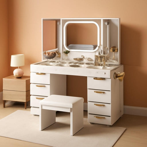 Glass Top Vanity Desk with Foldable Mirror and Lights, 11 Drawers Makeup Vanity with Charging Station, 3 Lighting Modes Dressing Table with Chair, White