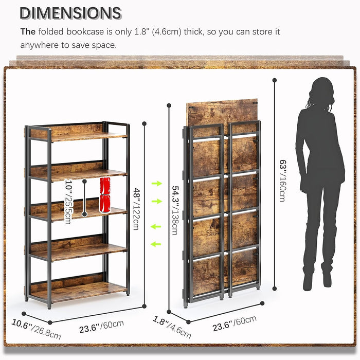 No Assembly Folding Bookshelf Book Shelves, 5-Tier 48"" H Collapsible Foldable Bookcase Storage Industrial Shelf for Living Room Bedroom Office