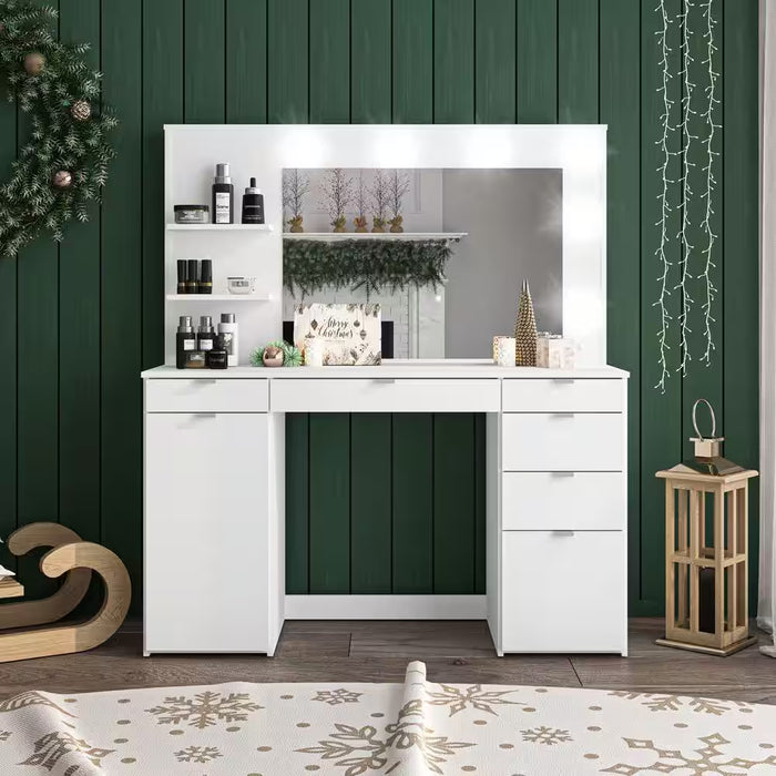 Olivia White 6 Drawer Makeup Vanity with Lighted Mirror, Storage Cabinet and Open Shelves