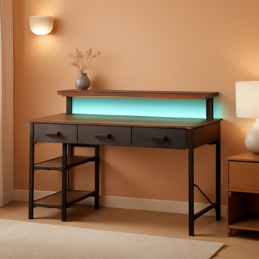 Computer Desk with Power Outlets & LED Light, 47 Inch Home Office Desk with 3 Drawers and Storage Shelves, Writing Desk with Monitor Stand, Work Study Desk for Home Office,Rustic Brown