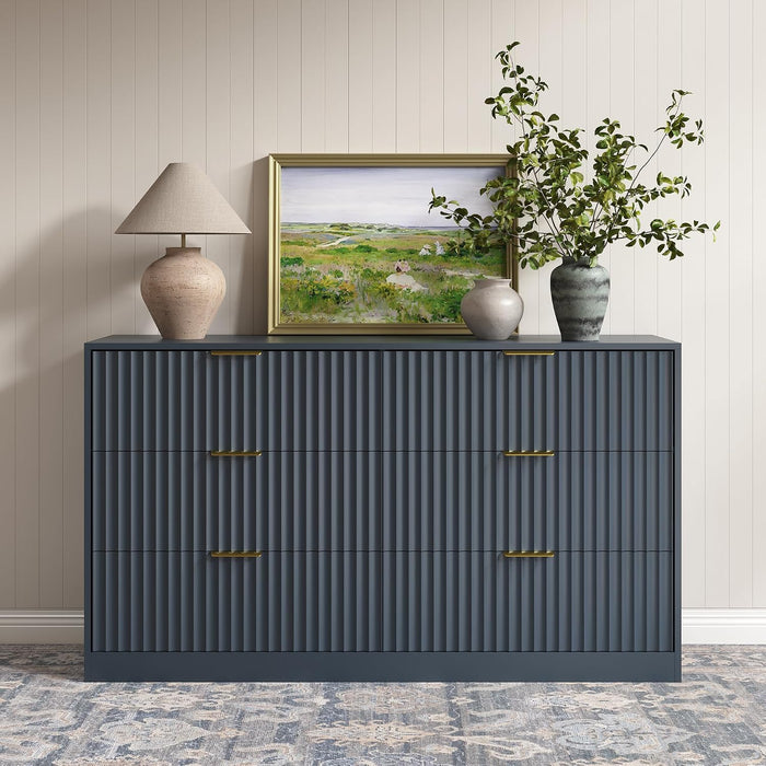 Navy Blue 6 Drawer Dresser for Bedroom, 55" Wide Fluted Chest of Drawers with Gold Metal Handles, Wood Dresser Storage Organizer Mid Century TV Stand for Living Room Closet Hallway