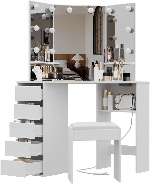 Corner Vanity Desk with Mirror and Led Lights - Makeup Table with 5 Drawers, Shelves, and Vanity Stool - Perfect for Bedroom or Bathroom, White