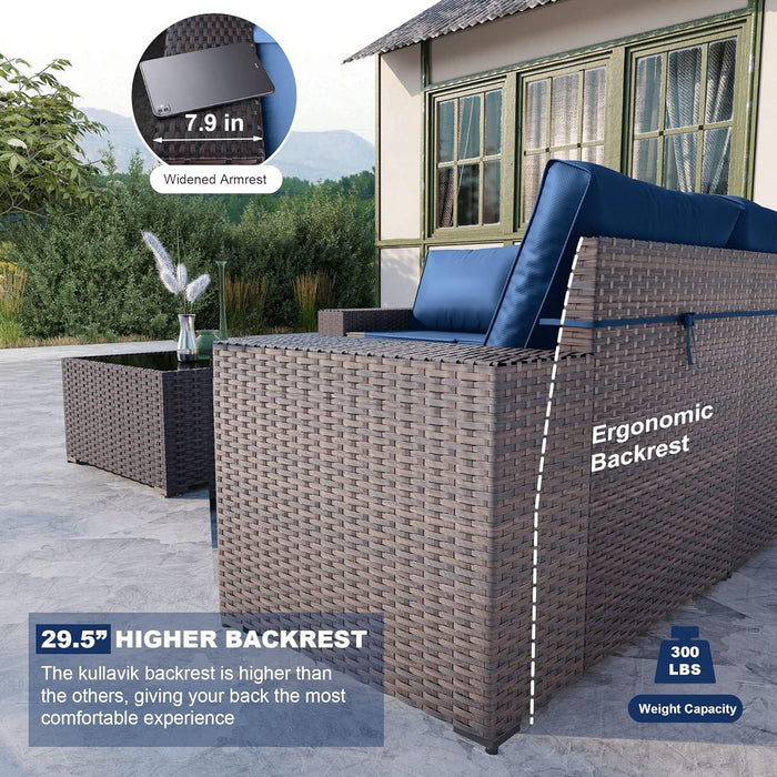 6PCS Outdoor Patio Furniture Set PE Wicker Rattan Sectional Sofa Patio Conversation Sets,Navy Blue