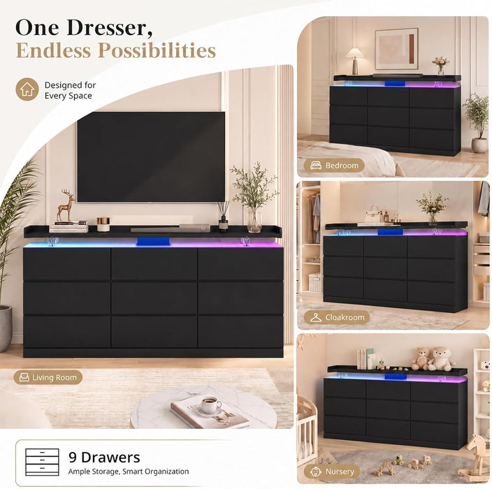 63" 9 Drawer Dresser with LED Light, Black