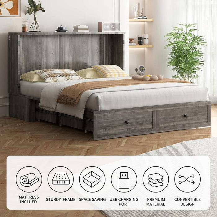 Queen Murphy Bed Grey With IntegratedCharging Station