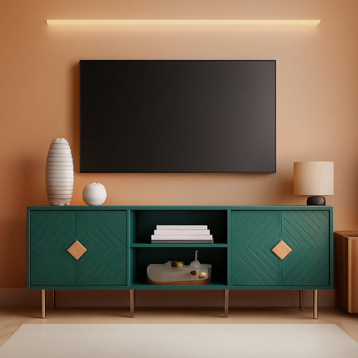 63'' Modern TV Stand for 65/70/75 Inch TV, Entertainment Center with Storage Cabinet, Mid Century Green TV Stand,Embossed Pattern TV Console, TV Media Console for Living Room, Bedroom