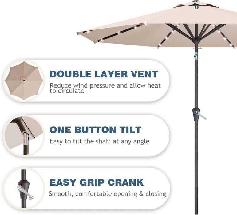 9FT Patio Umbrella with Solar Lights,Outdoor Market Umbrella with Tilt and Crank, LED Lighted Table Umbrella for Garden,Deck,Backyard,Pool,Beach (Beige)