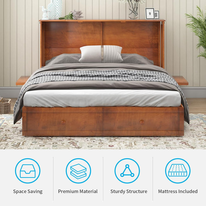 Queen Murphy Bed, Murphy Cabinet Bed with Tri-Folding Mattress and 2 Storage Drawers, Modern Cube Cabinet Beds with Built-In USB Charging Station for Living Room/Apartment, Cherry