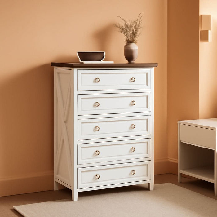 48" H Tall Dresser for Bedroom, Farmhouse 5 Drawer Dressers, Wood Chest of Drawers with 1.2" Thickened Top, Antique White