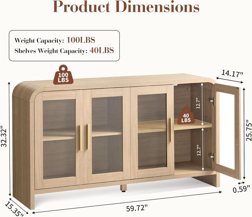 60" Modern Buffet Cabinet with Storage, Curved 4-Door Sideboard