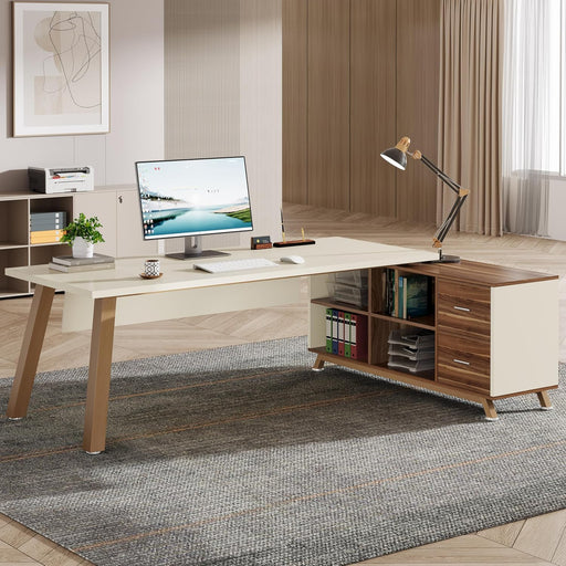 71-Inch Executive Desk, L-Shaped Desk with 55-Inch Cabinet, Large Office Desk with Storage Shelves, Modern Computer Desk for Home Office, Walnut & White