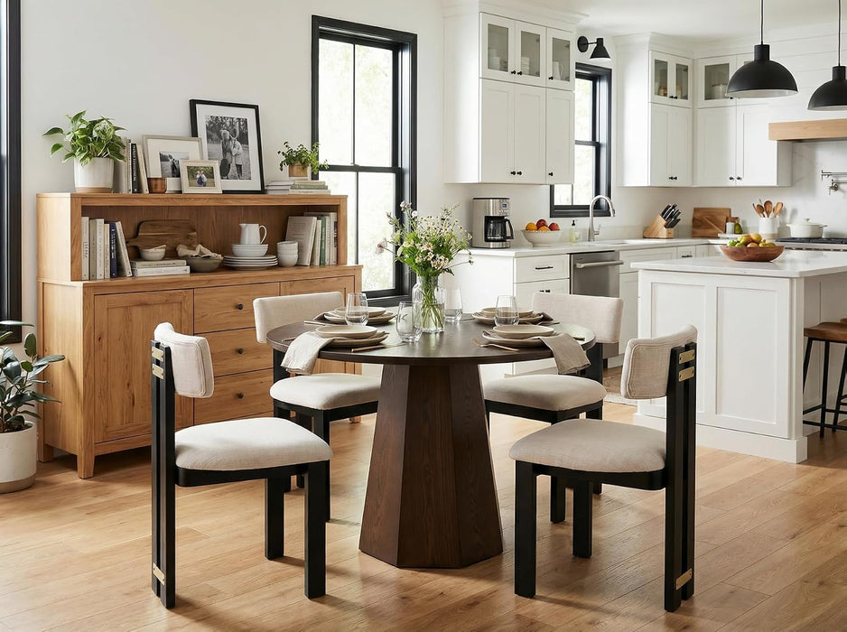 39” round Solid Wood Dining Table for 4-5 People, Modern Pedestal Small Kitchen Table Circle Tabletop with Walnut Wood Grain Finish, Saving Space, Walnut