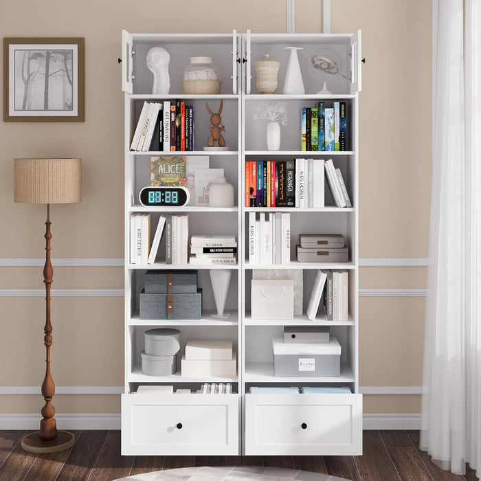 85.5" Tall Display Cabinet with Drawer, 7 Tier White Bookcase with Open Shelves and Glass Door, 23.8" Wide Curio Storage Cabinet for Living Room, Home Office, Study (2-Pack)