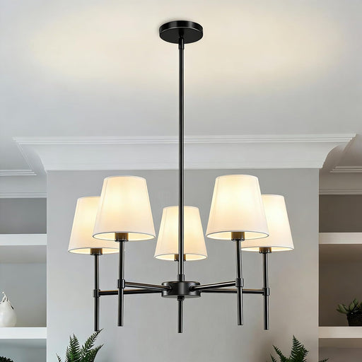 Dining Room Chandeliers Light - 5-Light 25.6 Inch Black Modern Chandeliers Light Fixtures with White Fabric Shade, Height Adjustable Pendant Island Lights for Entryway Farmhouse