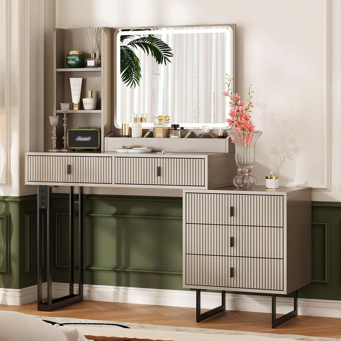 Large Vanity Desk with 3 Color Touch Screen Dimming Mirror, Vanity Desk with Charging Station, Modern Retractable Makeup Dressing Table, Makeup Table with Storage Shelves and 5 Sliding Drawers