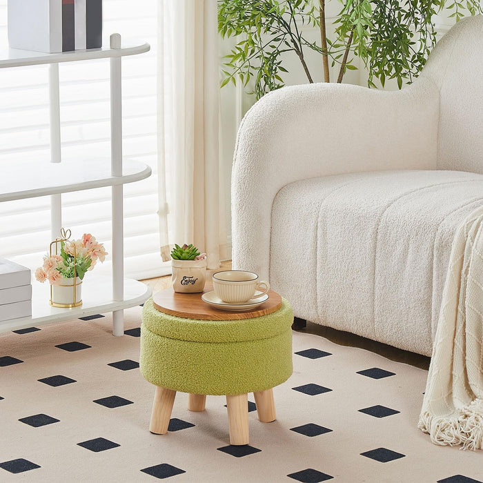Storage Ottoman, Modern round Footrest with Soft Padded Seat, Teddy Velvet Footstool with Wood Legs, Accent Small Table or Plant Stand for Hallway, Living Room (Brilliant Green)