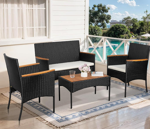 4-Piece Patio Furniture Set, Outdoor Wicker Patio Conversation Furniture Set with Cushions and Wooden Tabletop for Paito Lawn Backyard, White Cushion