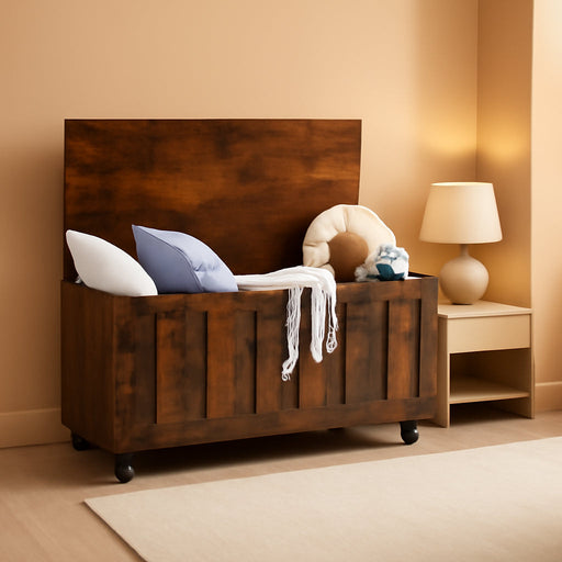 Storage Chest, 39.4'' Wooden Storage Bench with 4 Wheels & 2 Safety Hinges, Retro Box Support 300 Lbs for Bedroom, Living Room, Easy Assembly, Rustic Brown