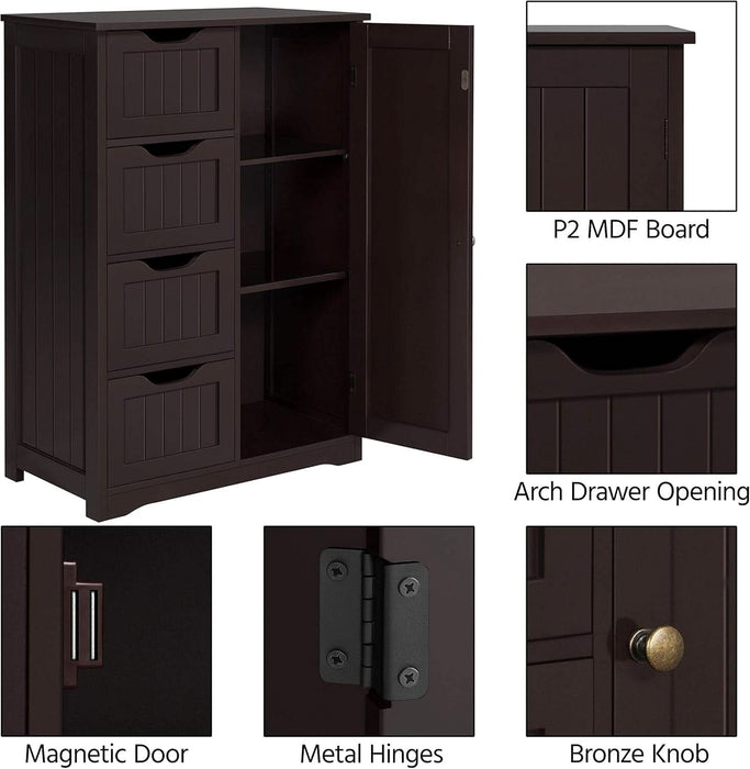 Wooden Bathroom Floor Cabinet, Side Storage Organizer Cabinet with 4 Drawers and 1 Cupboard, Freestanding Entryway Storage Unit Console Table, Home Decor Furniture, Brown