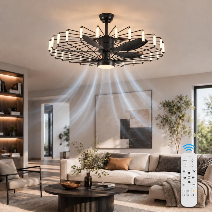 43-Inch Cage Ceiling Fan with Lights, Black Chandelier Style
