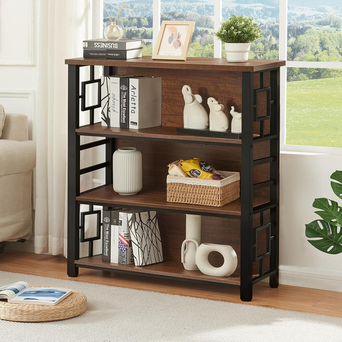 Book Shelf, 4 Tier Deep Bookshelf with Storage, Engineered Wood and Metal Shelf Bookcase, Low Short Bookcases for Small Space, Living Room, Bedroom, Office, Rustic Brown