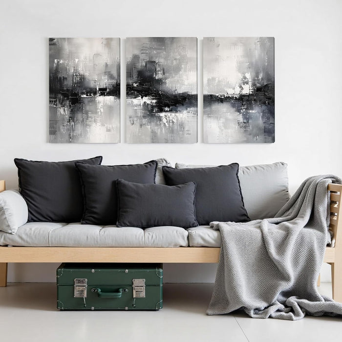 Triptych Abstract Black White Gray Wrapped Canvas Wall Art 16X24 in | Gallery Wrapped Canvas, UV Fade-Resistant Ink, Modern Minimalist, Ready to Hang, Living Room Office Decor, Housewarming Gift