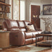 Achern Leather Air Nail Head Manual Reclining Sofa with Storage Console, Brown