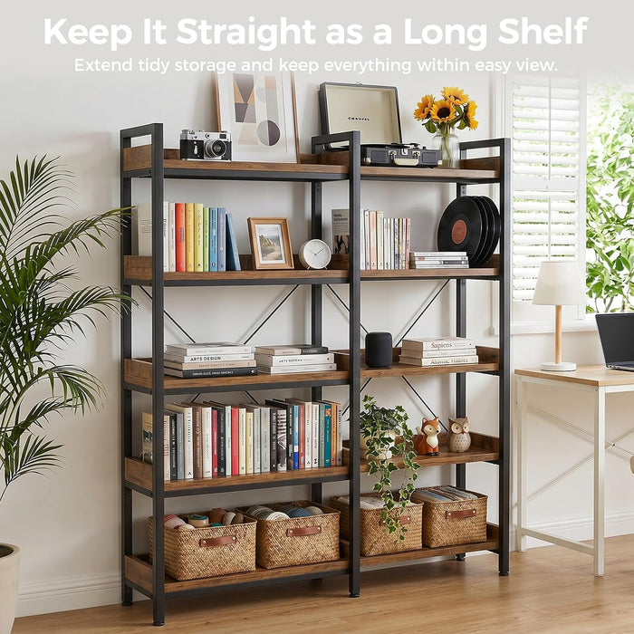 5-Tier Corner Bookshelf, L-Shaped Metal Frame Shelf with Tall 14" Shelves, Plant Stand and Storage Rack for Small Spaces, Living Room and Home Office, Brown