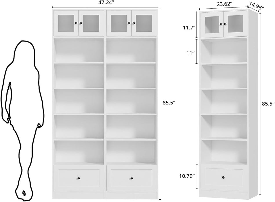 85.5" Tall Display Cabinet with Drawer, 7 Tier White Bookcase with Open Shelves and Glass Door, 23.8" Wide Curio Storage Cabinet for Living Room, Home Office, Study (2-Pack)