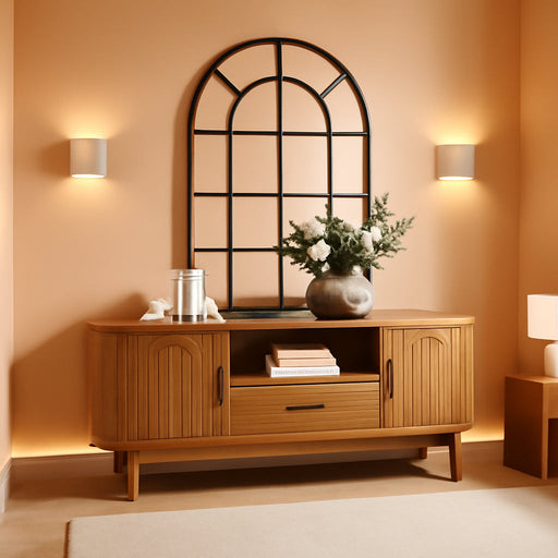 63" Fluted TV Stand for Tvs up to 70", Mid-Century Modern Entertainment Center with Drawers and Fluted Doors, Curved TV Media Console Table with Sliding Doors for Living Room, Bedroom (63")