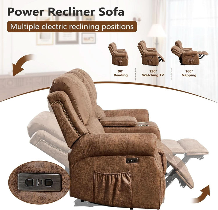 3-Piece Power Reclining Sofa Set with Rivets, Included Electric Massage Recliners, Loveseat Couch with Console and 3-Seater Recliner Sofa, Faux Leather Living Room Furniture Set, Brown