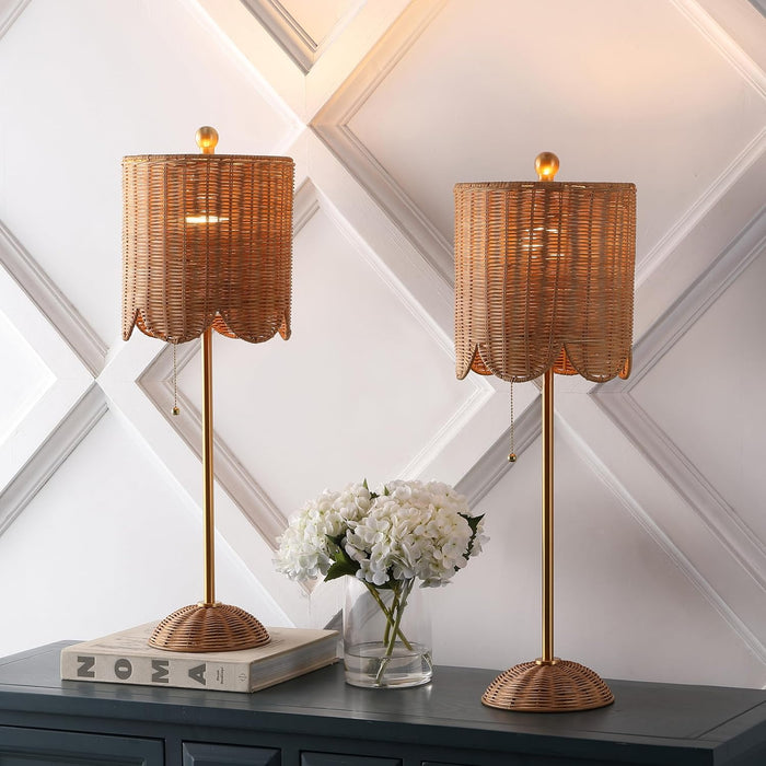 27.5" Brass Gold Coastal Buffet Table Lamp Set of 2 for Bedroom, Boho Table Lamps with Natural Rattan Scalloped Shade, Pull Chain, LED Bulbs Included JYL1138A-SET2