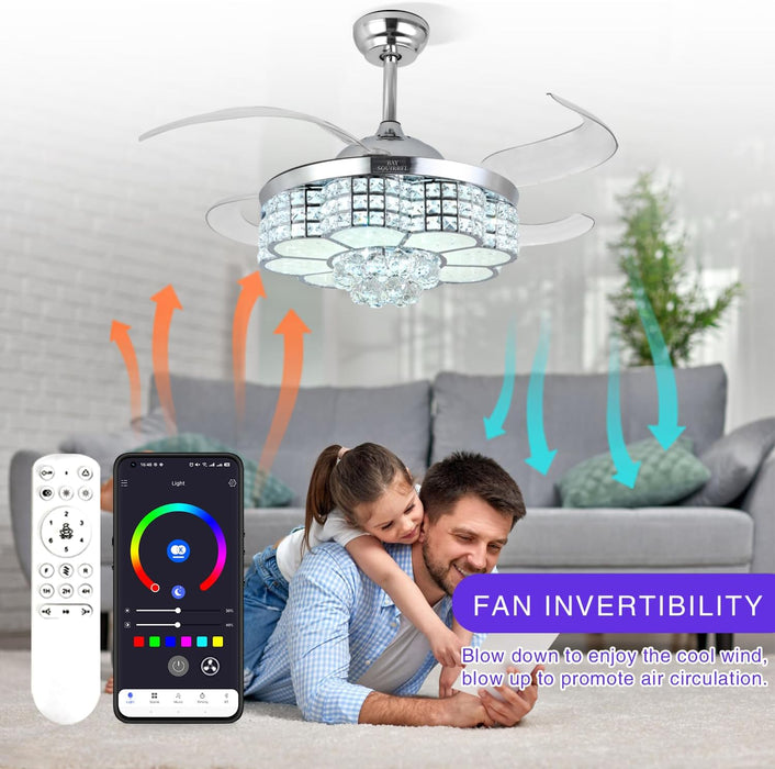 Retractable Ceiling Fan with Light and Remote/App Control, Bluetooth Ceiling Fans with Speaker, RGB-LED Light 6 Speeds Reversible Blades,Chandelier Crystal Ceiling Fan with Lights