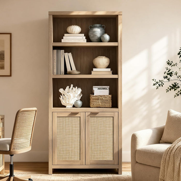 71" Tall Bookcase 5 Tier Rattan Bookshelf with Doors for Library | Farmhouse Storage Book Shelf with Adjustable Shelves Large Book Case Bookshelves for Living Room Home Office Bedroom Kitchen