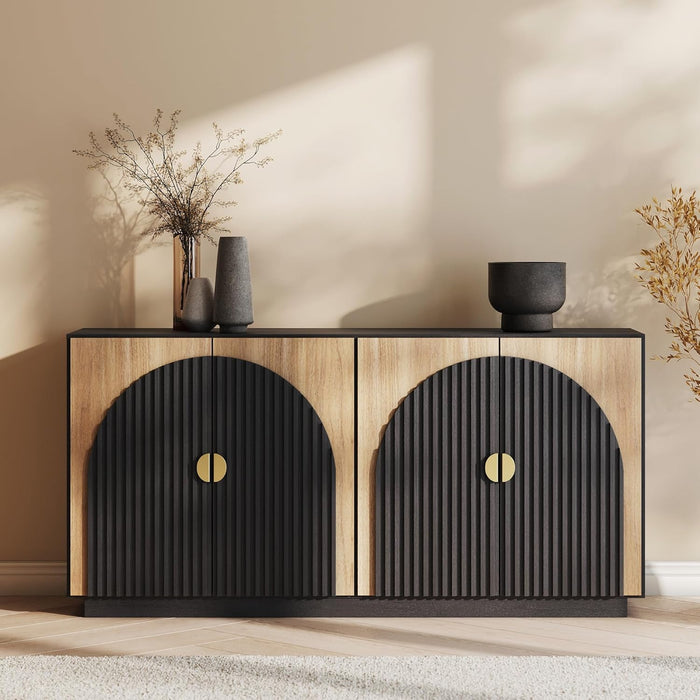 65 Inch Fluted Buffet Cabinet with Storage, Symmetrical Arc Accent Sideboard Large Console Table for Dining Room, Kitchen, and Living Room (Camel)