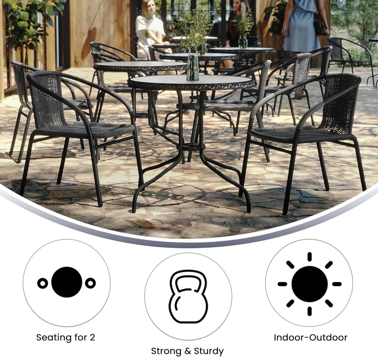 3-Piece Patio Dining Set with round Glass Metal Table and 2 Stackable Rattan Chairs, Indoor/Outdoor Bistro Table and Chairs Set, Gray