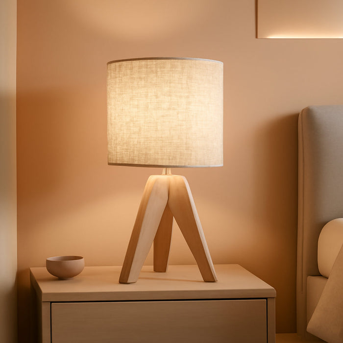 Small Bedside Table Lamp - Wooden Tripod Nightstand Lamp for Bedroom, Living Room, Office, Home with Fabric Linen Shade - 13.4 Inches (Without Bulb)