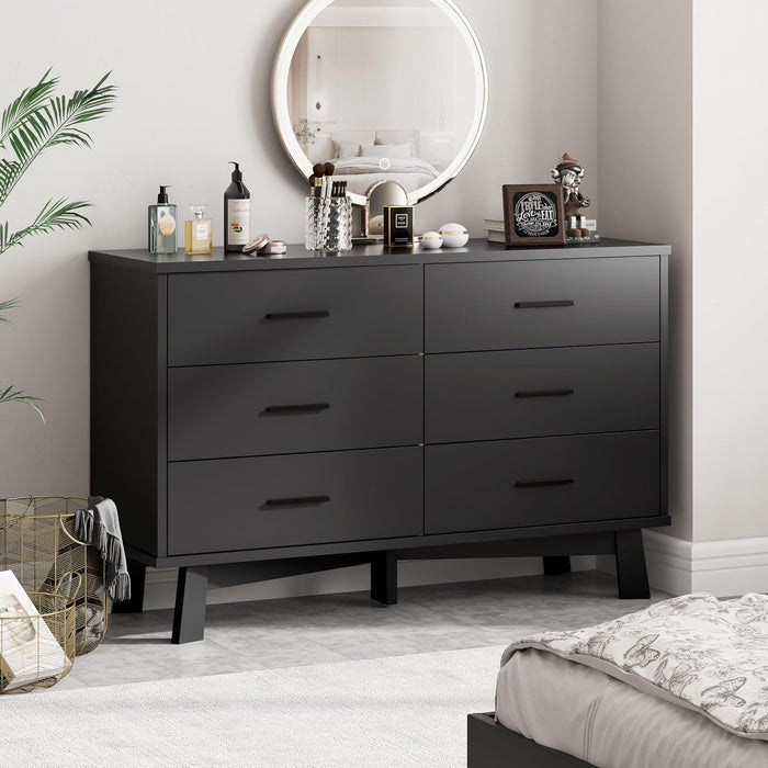 Dresser for Bedroom with 6 Drawer, Modern Chest of Drawers with X-Shaped Sturdy Base, Wide Wood Double Dresser Closet Clothes Storage Organizer, Wooden TV Stand for Living Room, Hallway, Black