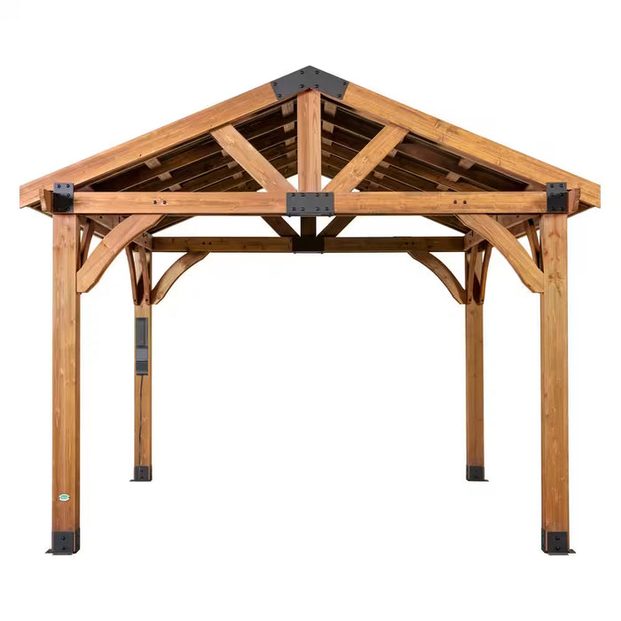 Arlington 12 Ft. X 12 Ft. All Cedar Wood Outdoor Gazebo Structure with Hard Top Steel Metal Peak Roof and Electric