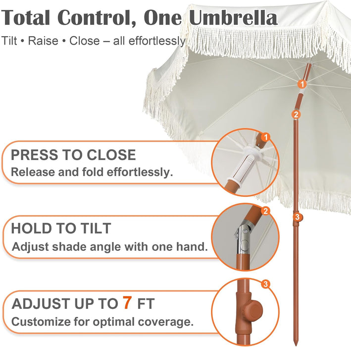 6.5Ft Patio Umbrella with Push Button Tilt & Height Adjustable, UV50+ Sun Protection with Sturdy Fiberglass Ribs & Iron Pole, Market Umbrella for Outdoor Table Garden Backyard Beach