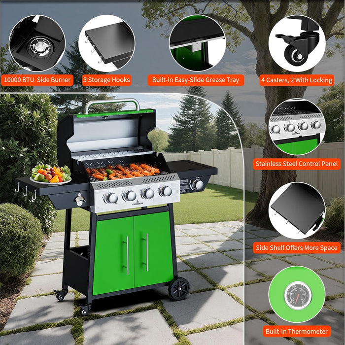 4-Burner Propane Gas BBQ Grill with Side Burner, 50,000 BTU Output Barbecue Grill with Stainless Steel Grates and Side Tables for Outdoor Cooking Kitchen, Patio and Backyard, Green