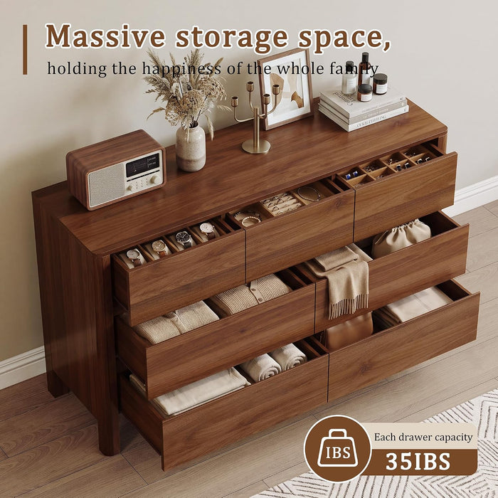 Walnut Dresser for Bedroom, 51" Mid-Century 7 Drawer Dresser with Wide Drawers and Wood Legs, Curved Edge Design, Modern Large Dressers & Chests of Drawers for Bedroom, Hallway.