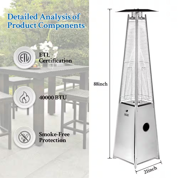 Outdoor 40,000 BTU Silver Propane Heater, Steel Pyramid Flame Heater