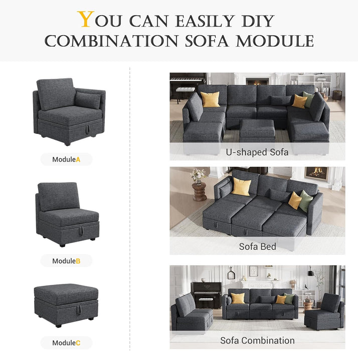 Modular Sectional Sofa, 5 Seats Chenille Sofa Set for Living Room, Convertible U Shaped Sectional Couch with Lagre Storage Ottoman, Sleeper Sofa for Office, Dark Gray