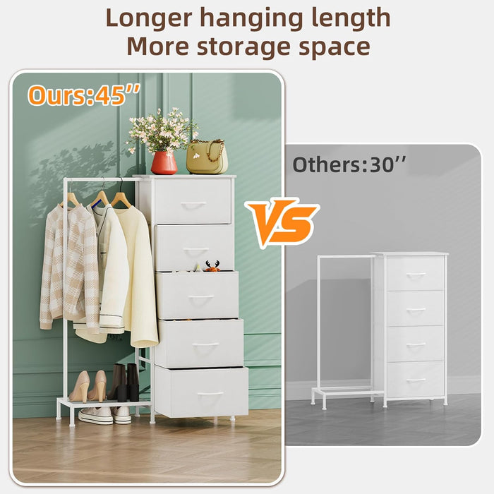 Dresser with Hanging Rack, 5 Drawers Small Closet for Bedroom, Reversible Dresser with Clothes Rack, Kids Dressers for Bedroom Chest of Drawers, Tall Storage Tower, White Leather
