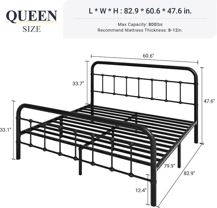 Queen Metal Bed Frame with Victorian Iron-Art Headboard, Black