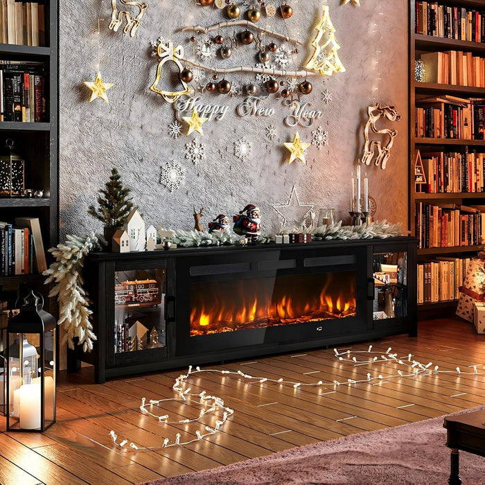 80" Fireplace TV Stand, Modern Entertainment Center with 50 Inch Electric Fireplace, Adjustable Shelf & Glass Door, Modern TV Console for Living Room, Black